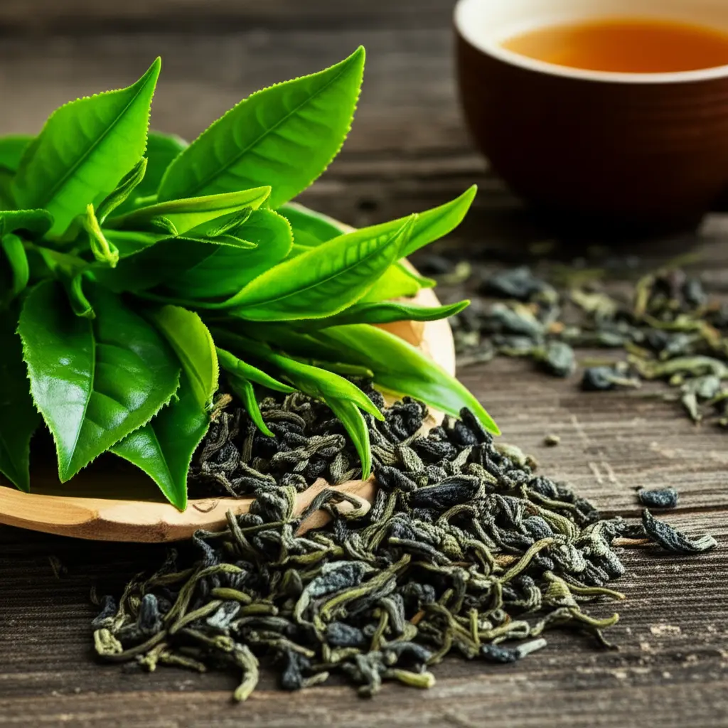harvested green tea leaves